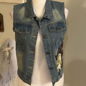Blue Denim Vest with Floral Accent